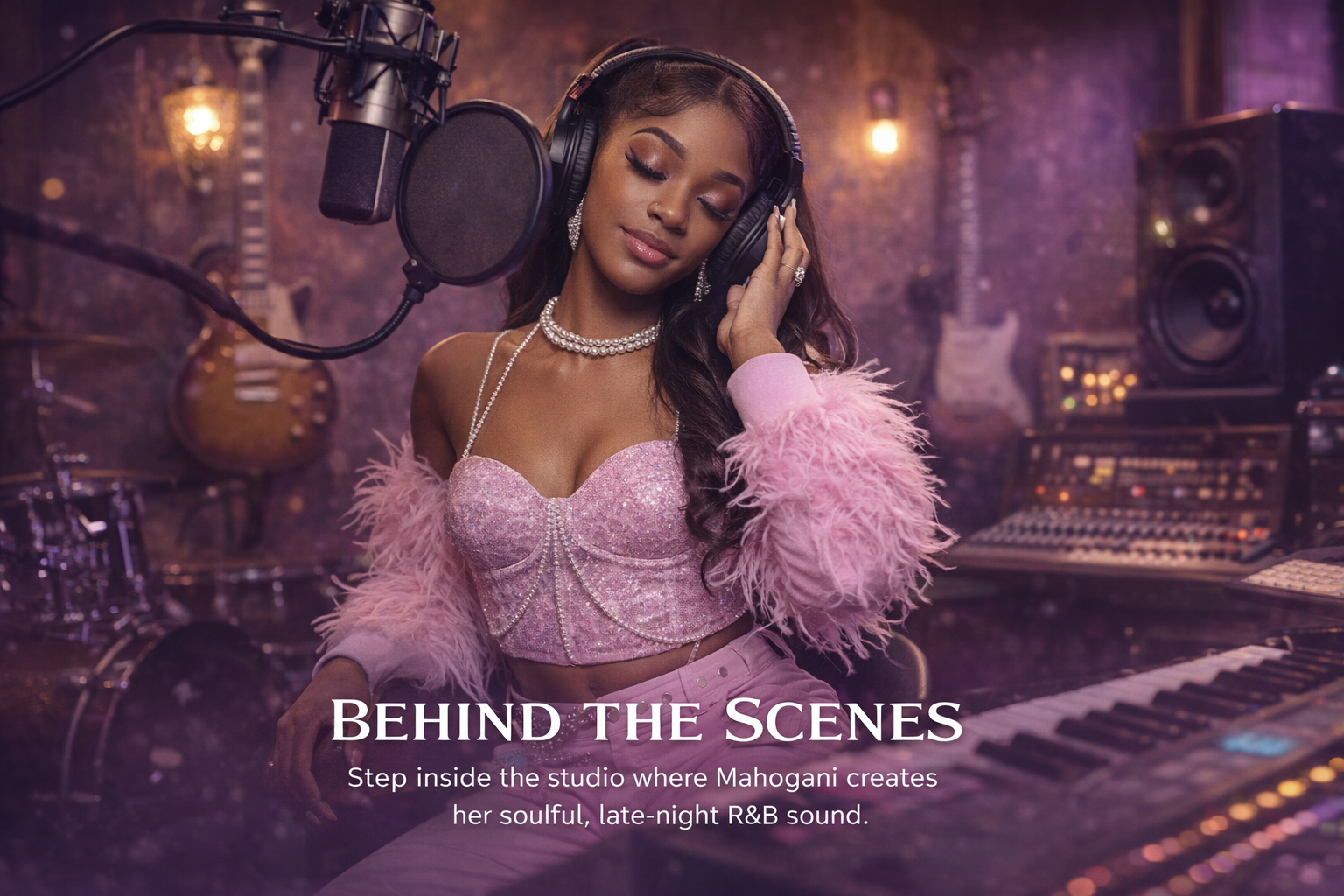 Casual moments from the studio where mahogani crafts her soulful sound, surrounded by instruments and warm lighting.